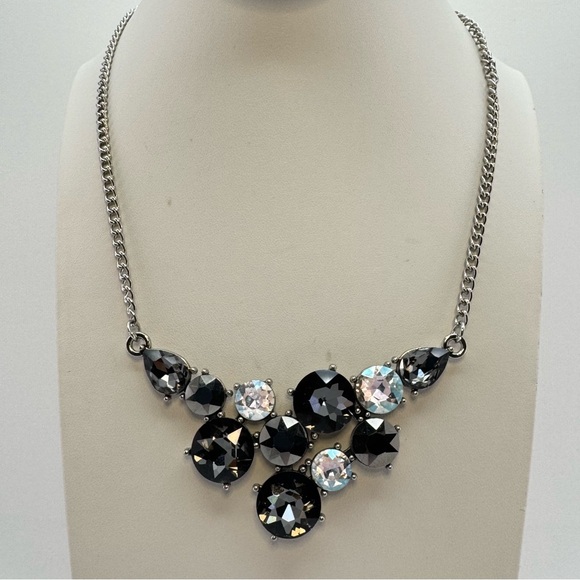 Unsigned Jewelry - New Glass Stone Necklace Silver Tone Black Crystal 18.5–21.5” Statement